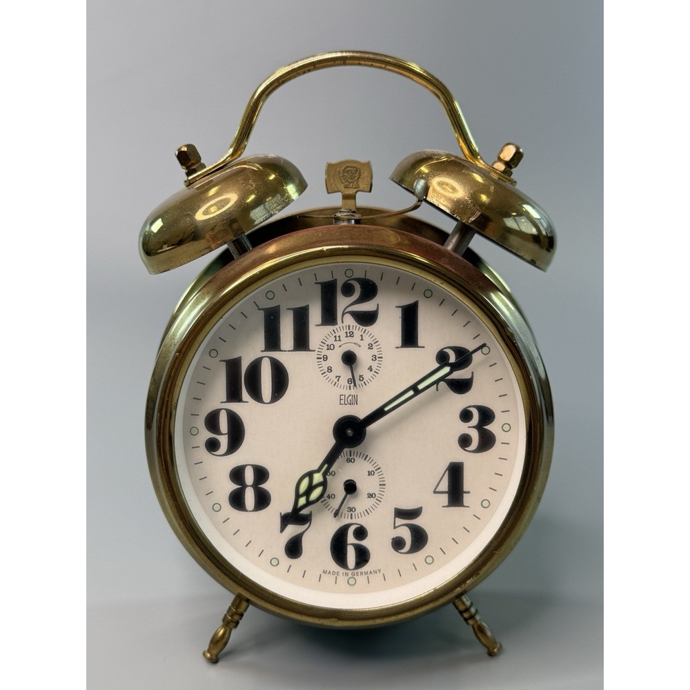 Vtg Elgin Wind-Up Alarm Clock Twin Bell Germany Repair Brass Metal. PLEASE READ